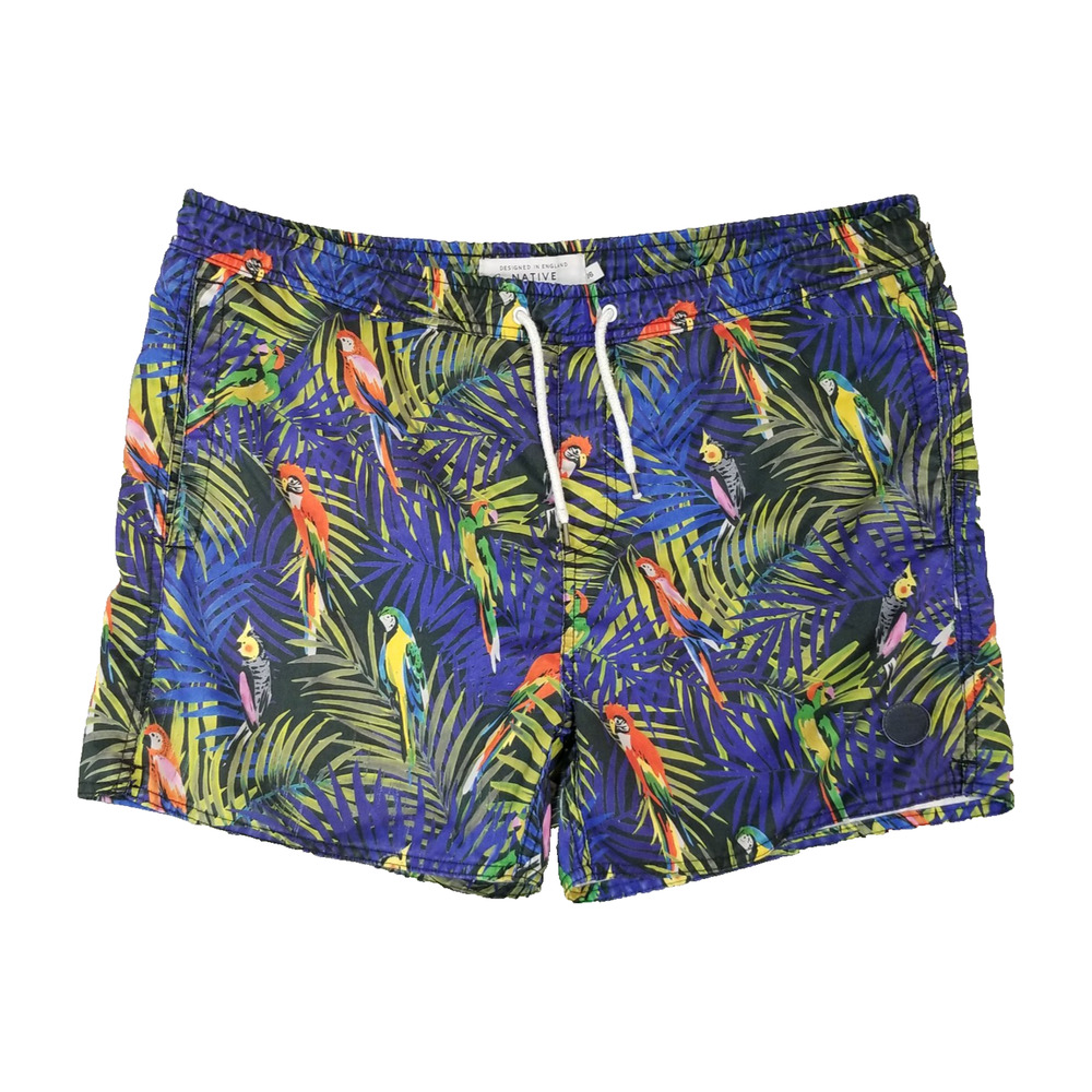 Native Youth Swim Shorts Mens 36‎ Blue Tropical Parrot Print Drawstring Trunks